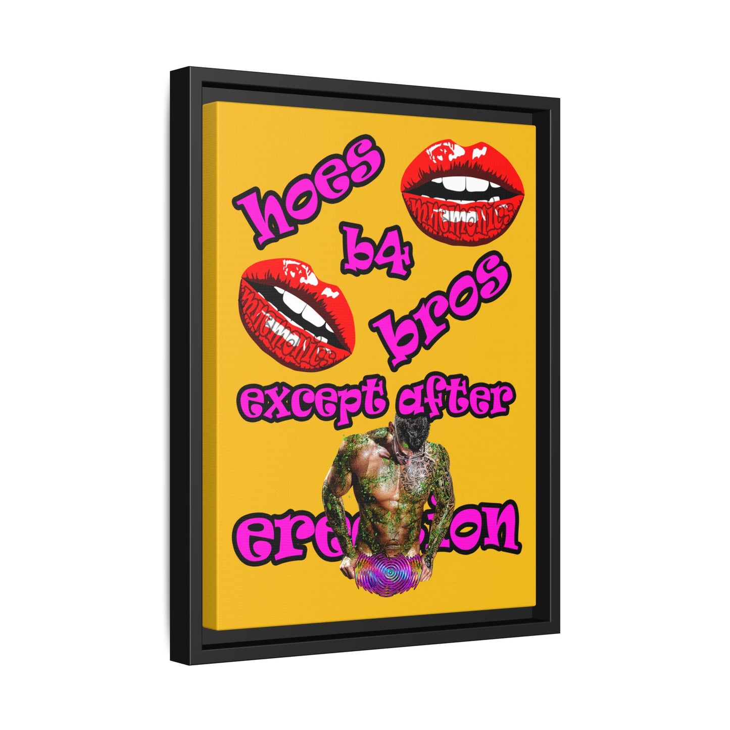 hoes b4 bros - framed canvas art (yellow)