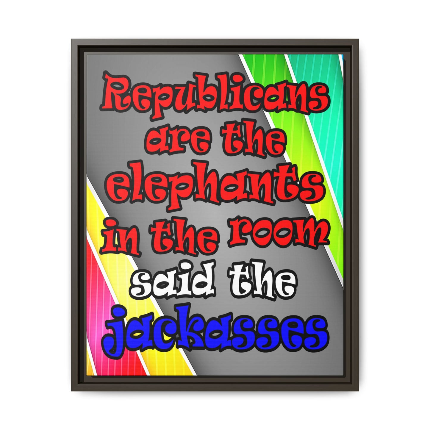 donkeys and elephants - framed canvas art (rainbow split)
