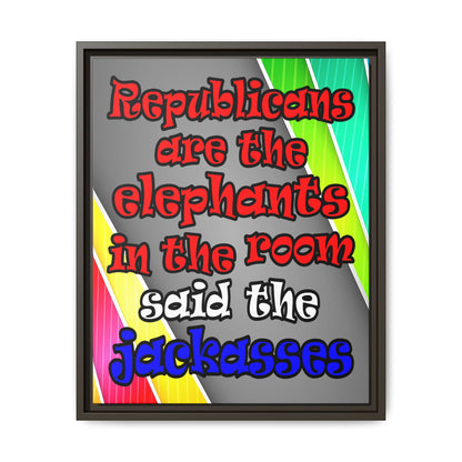 donkeys and elephants - framed canvas art (rainbow split)