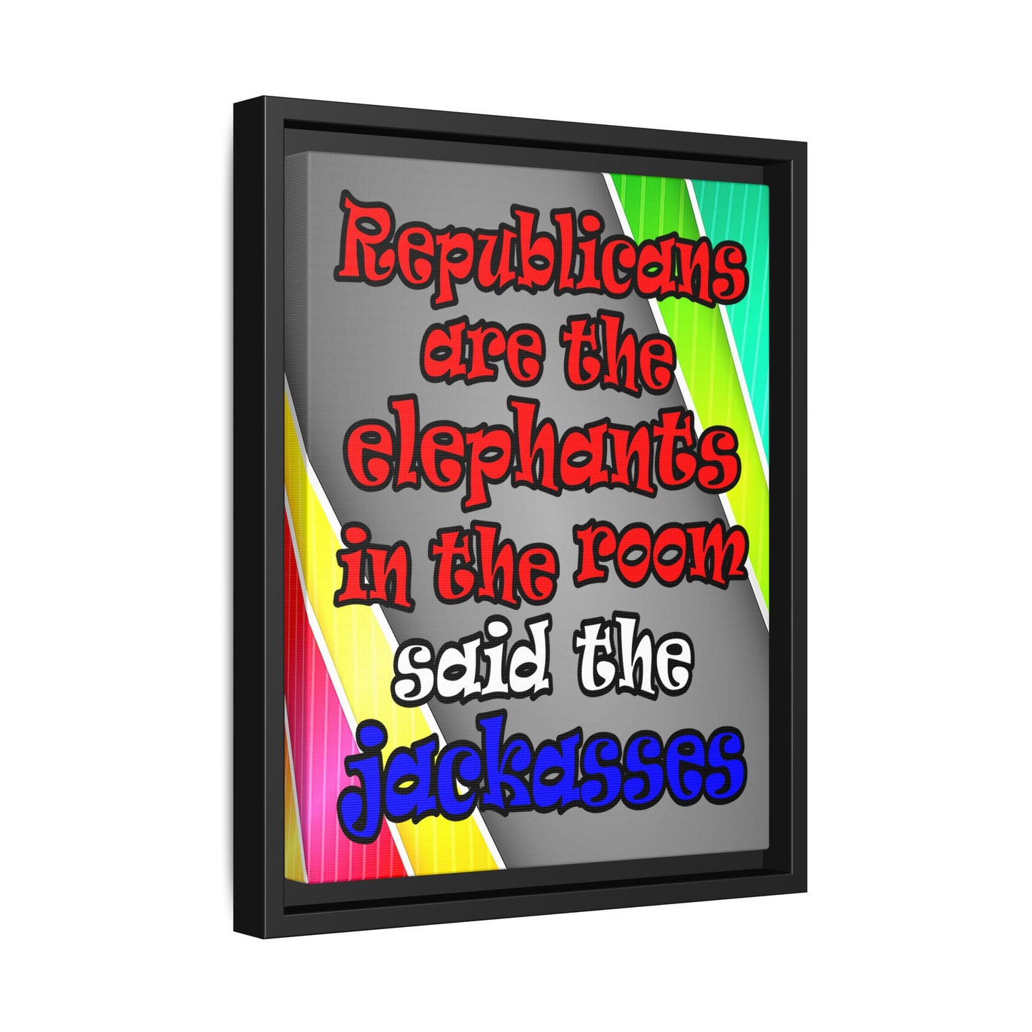 donkeys and elephants - framed canvas art (rainbow split)
