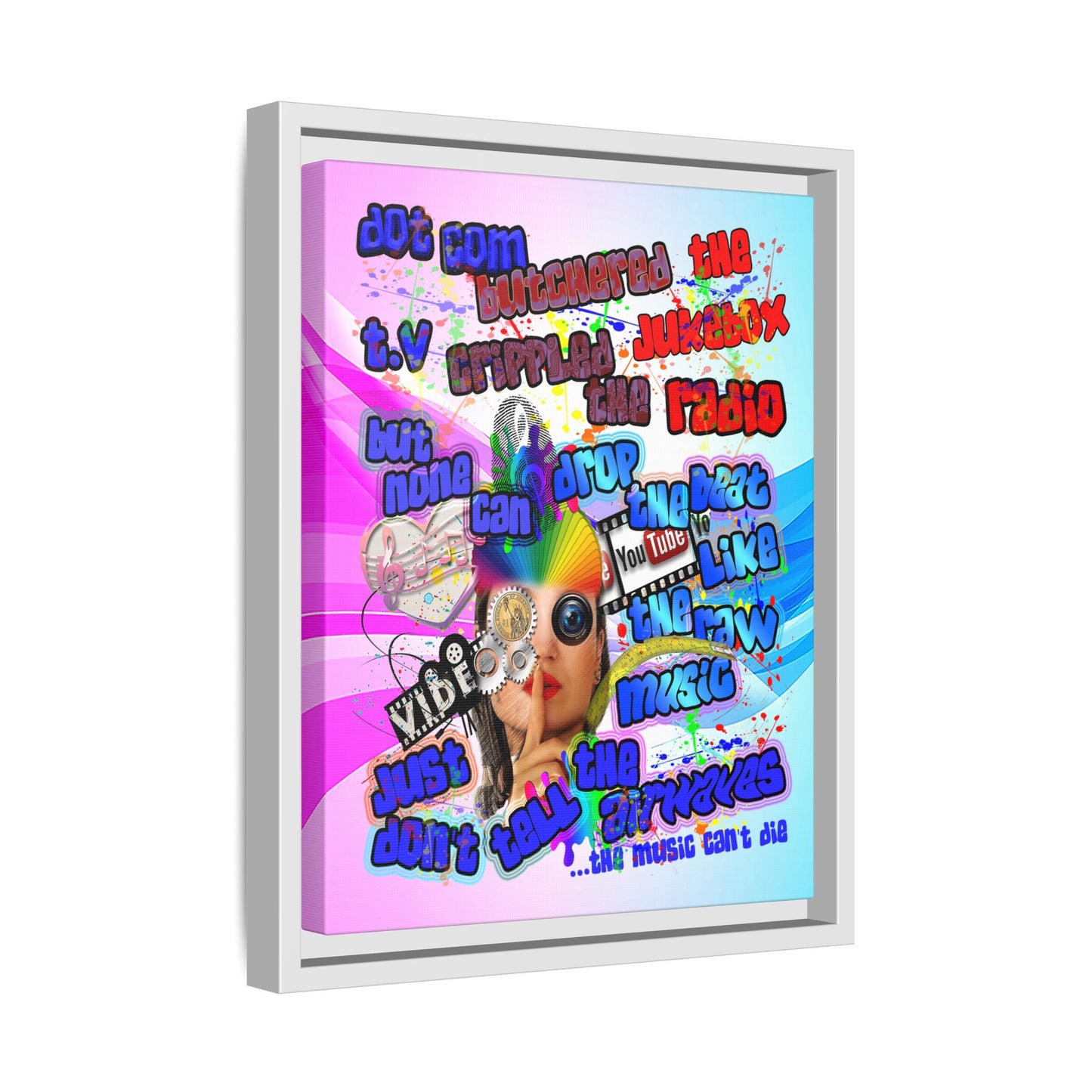 drop the beat - framed canvas art (light blue-pink wave)