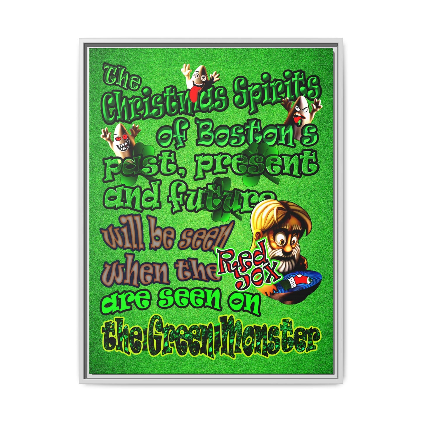 christmas spirits of boston - framed canvas art (green turf)