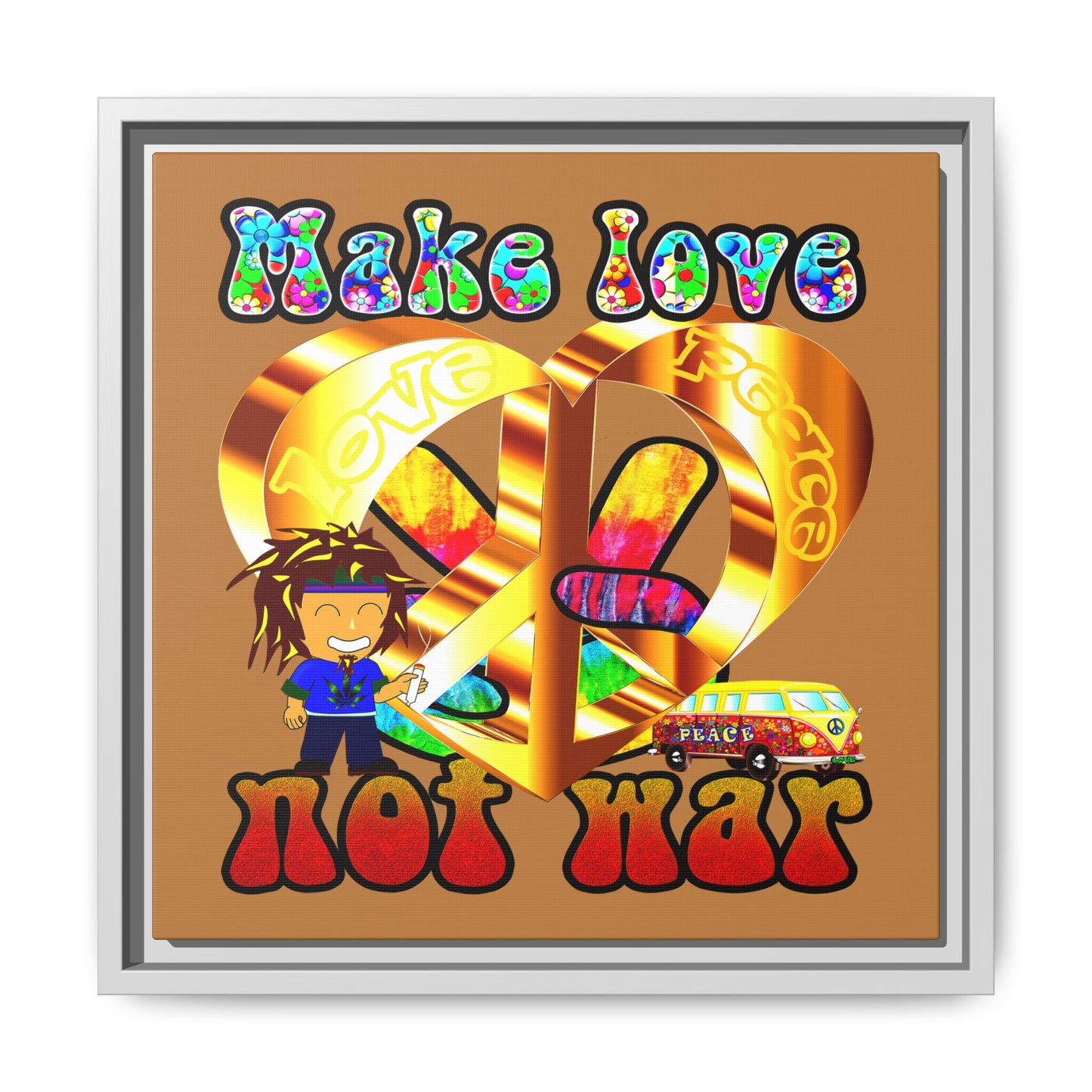 love peace - framed canvas art (light brown)