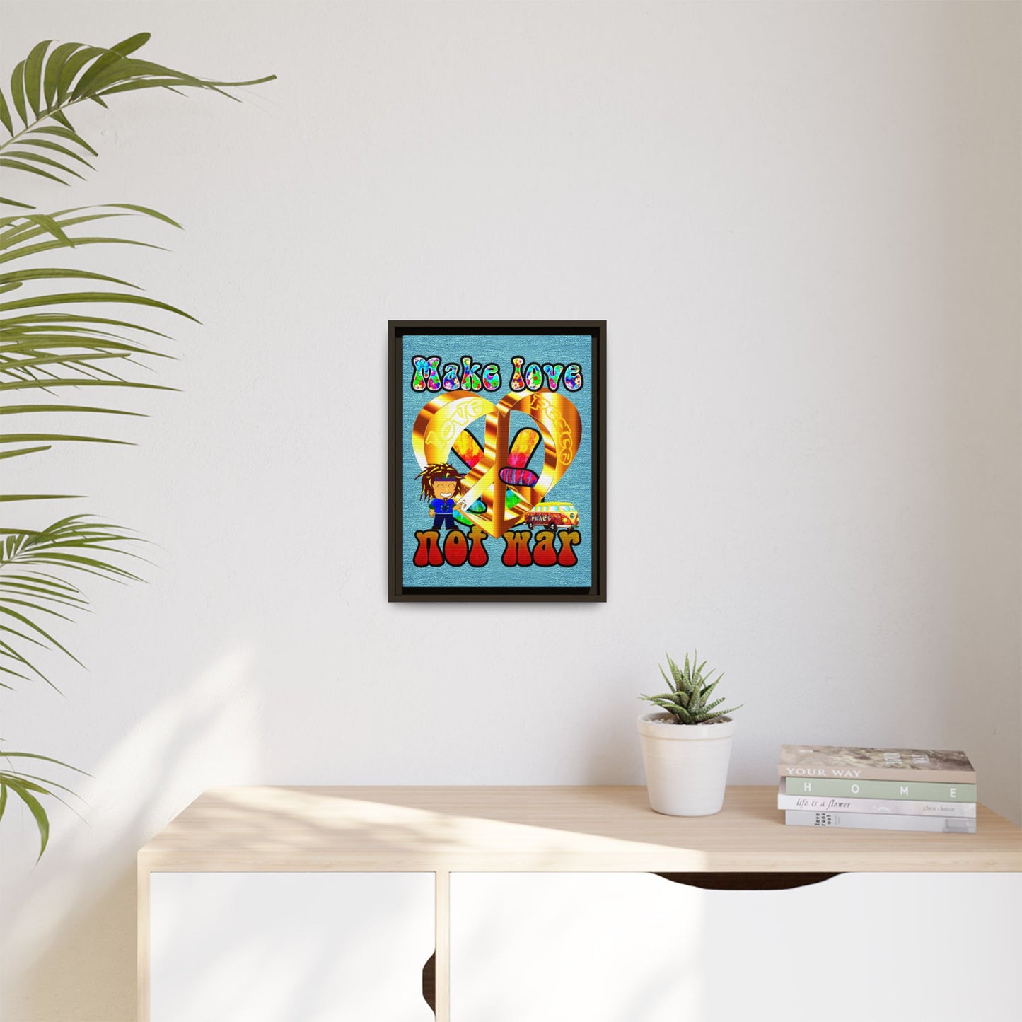 love peace - framed canvas art (faded blue)