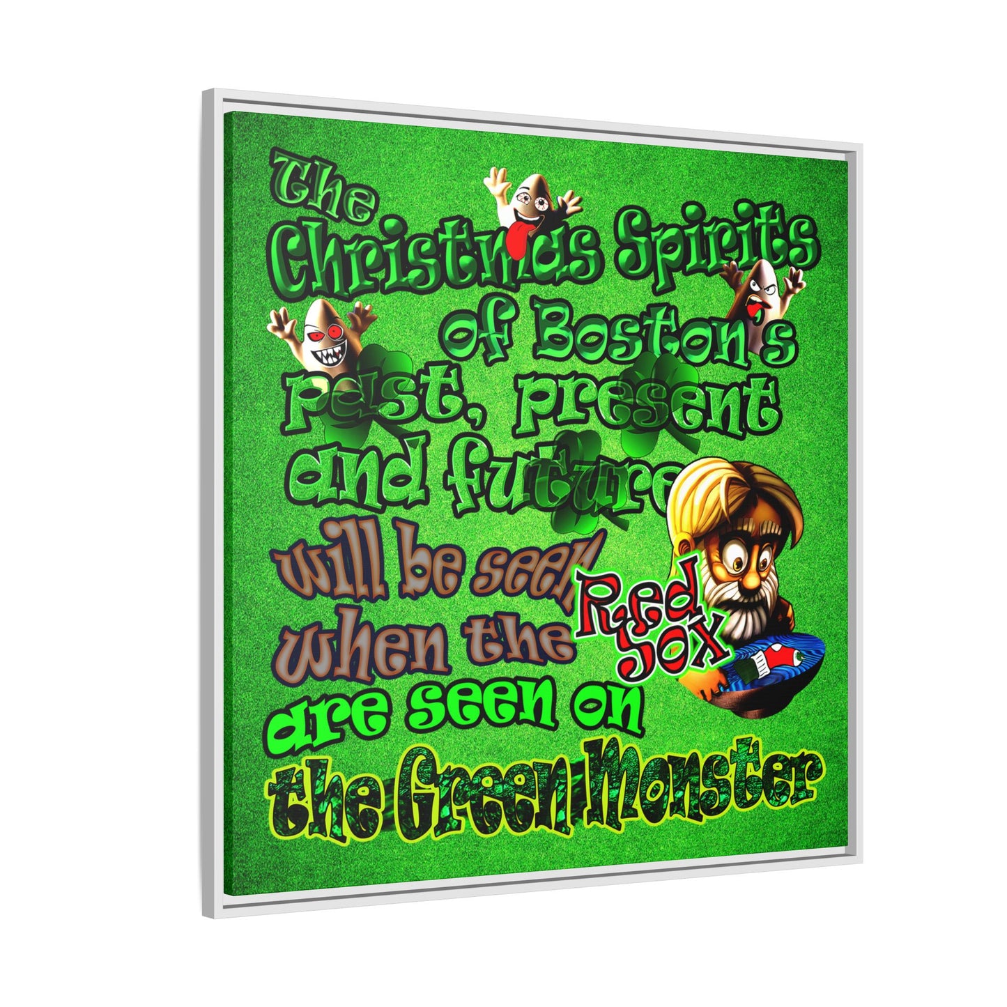 christmas spirits of boston - framed canvas art (green turf)