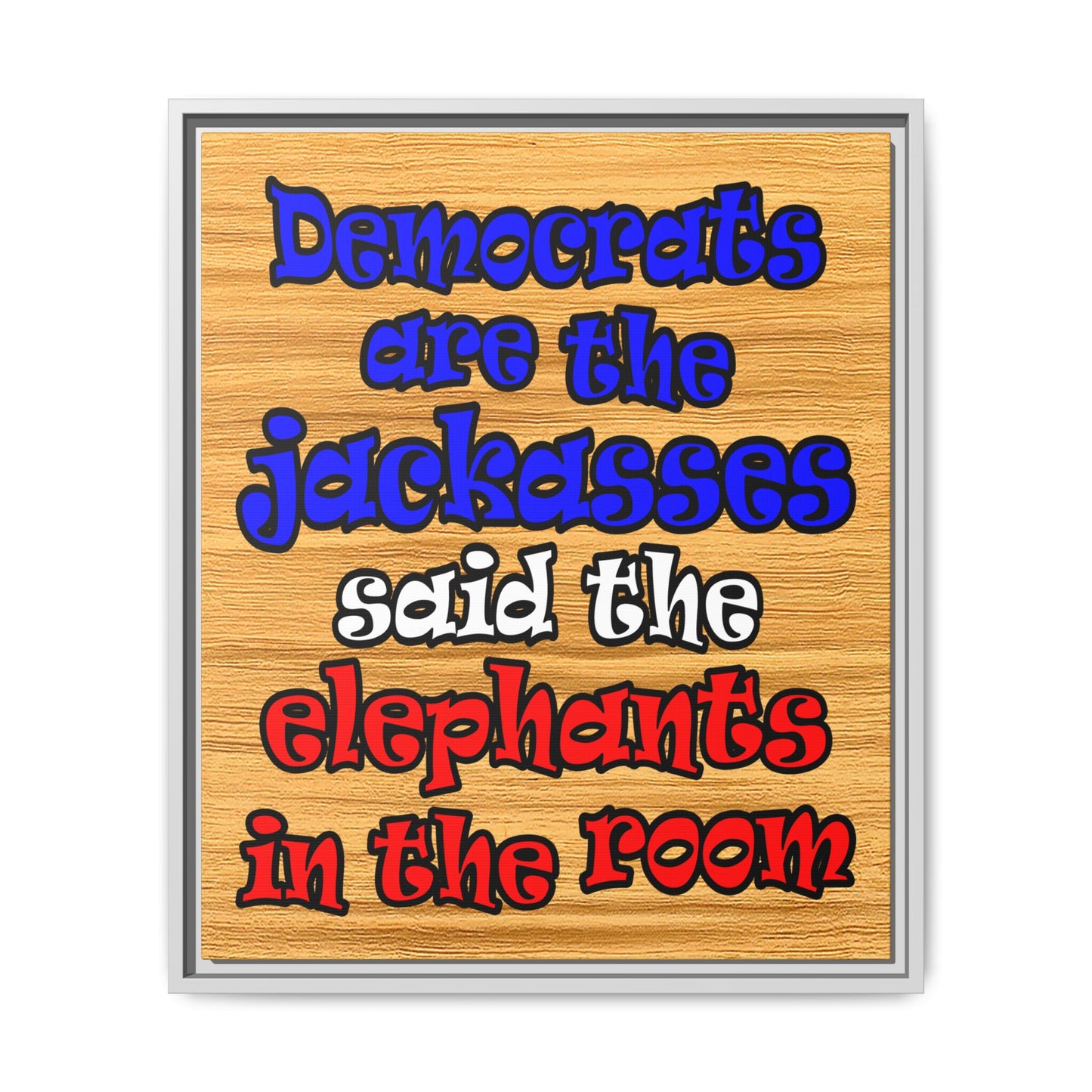 donkeys and elephants - framed canvas art (butterscotch wood finish)