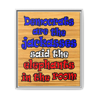 donkeys and elephants - framed canvas art (butterscotch wood finish)