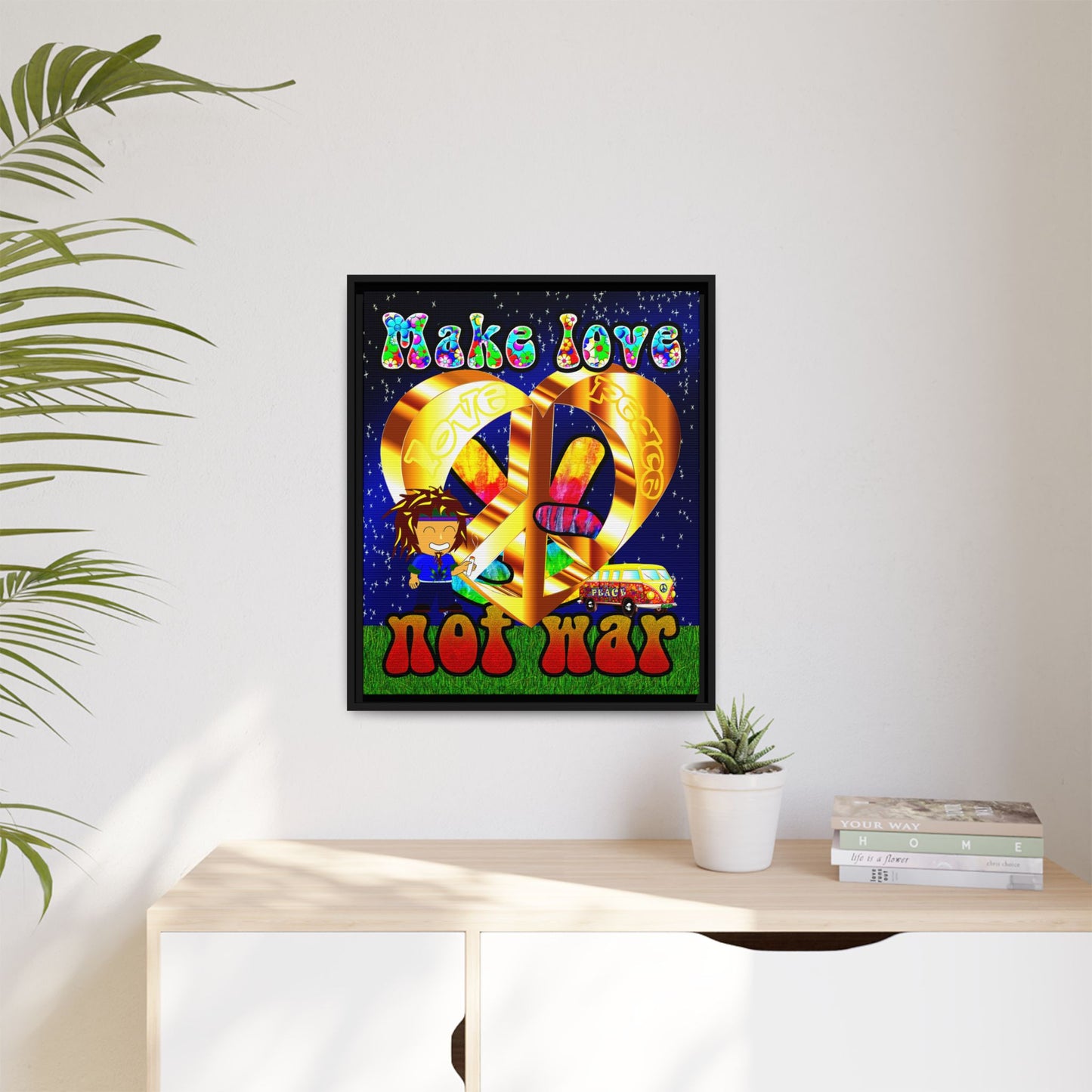 love peace - framed canvas art ('snoops' background)