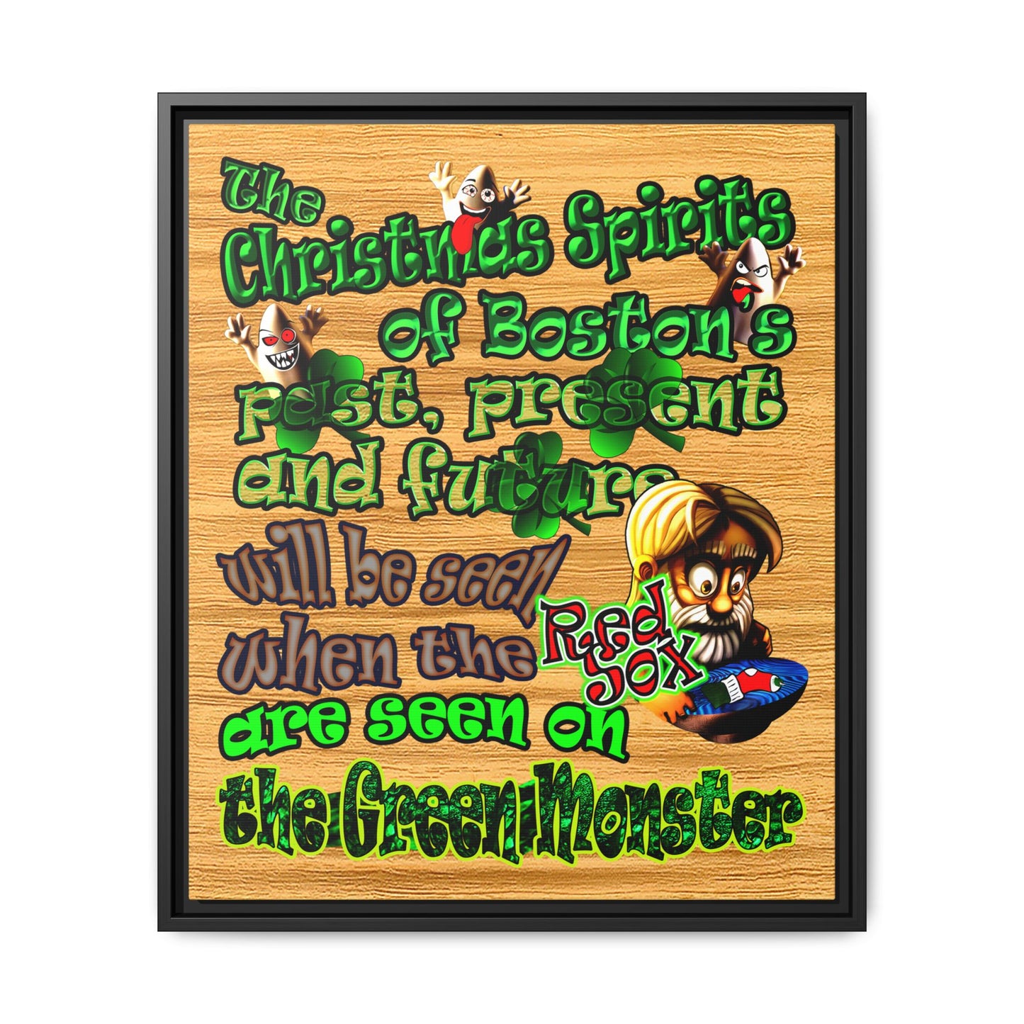 christmas spirits of boston - framed canvas art (butterscotch wood finish)