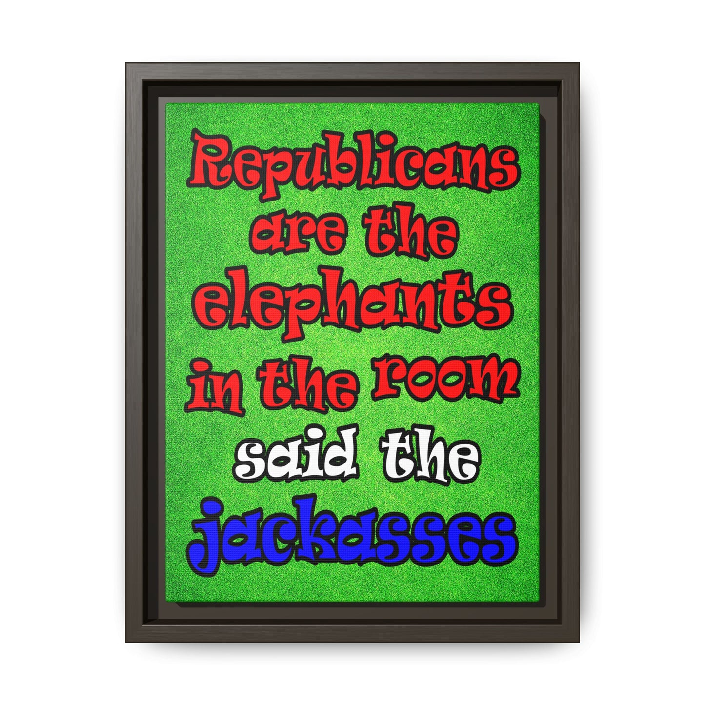 donkeys and elephants - framed canvas art (green turf)