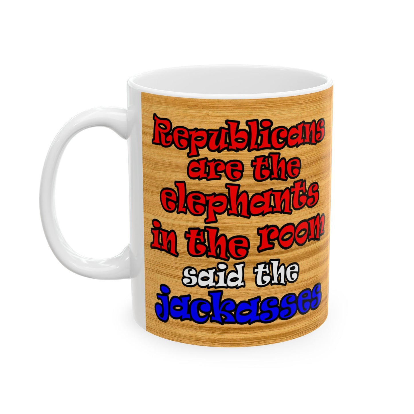 donkeys and elephants - White Mug (butterscotch wood finish)