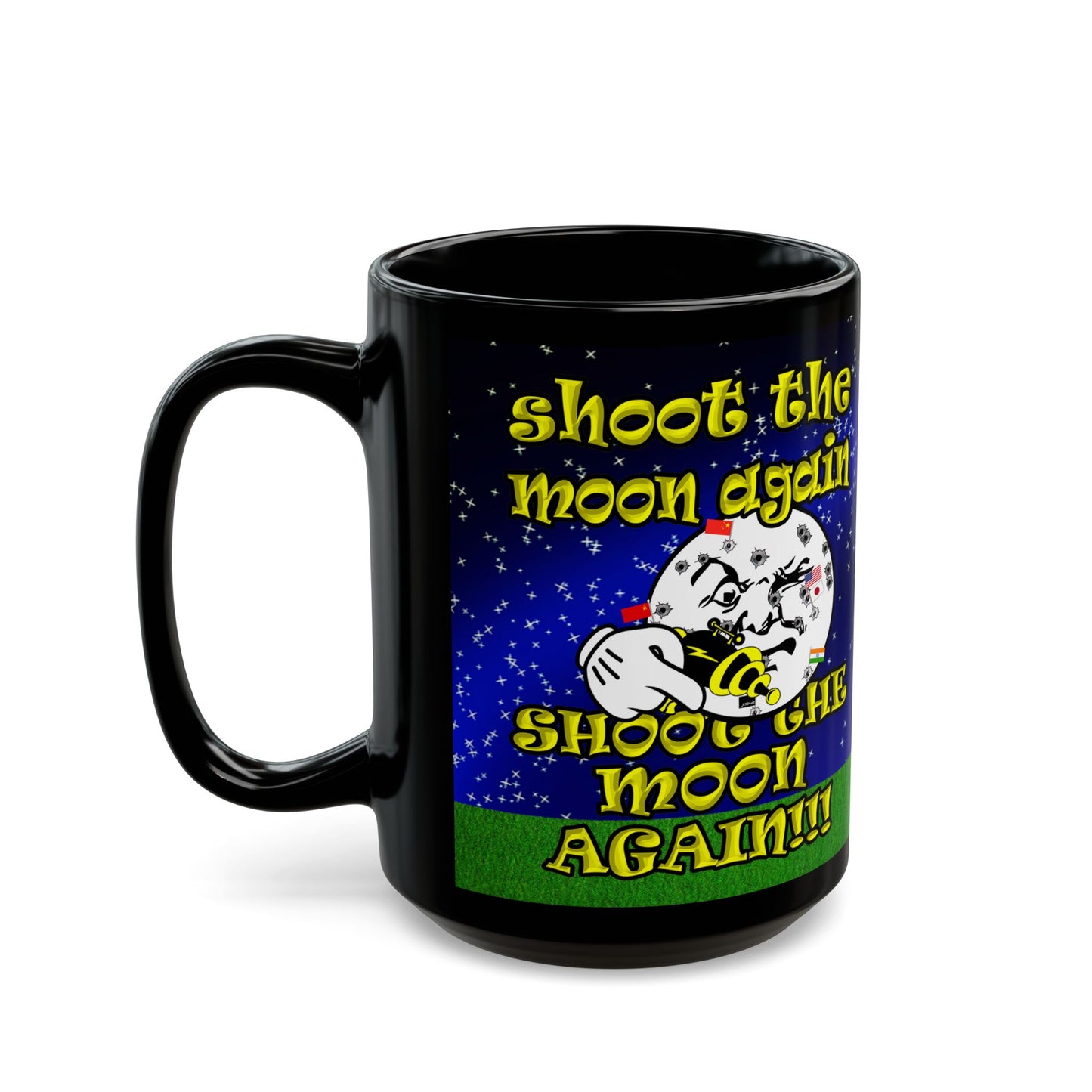shoot the moon again - Black Mug ('snoops' background)