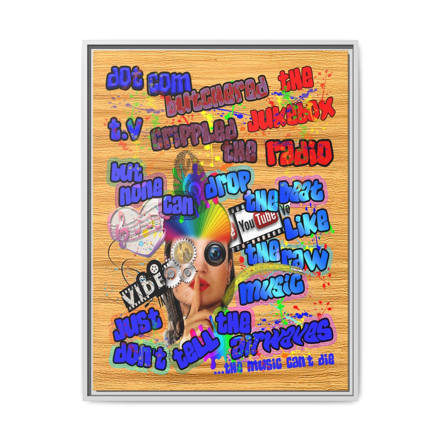 drop the beat - framed canvas art (butterscotch wood finish)