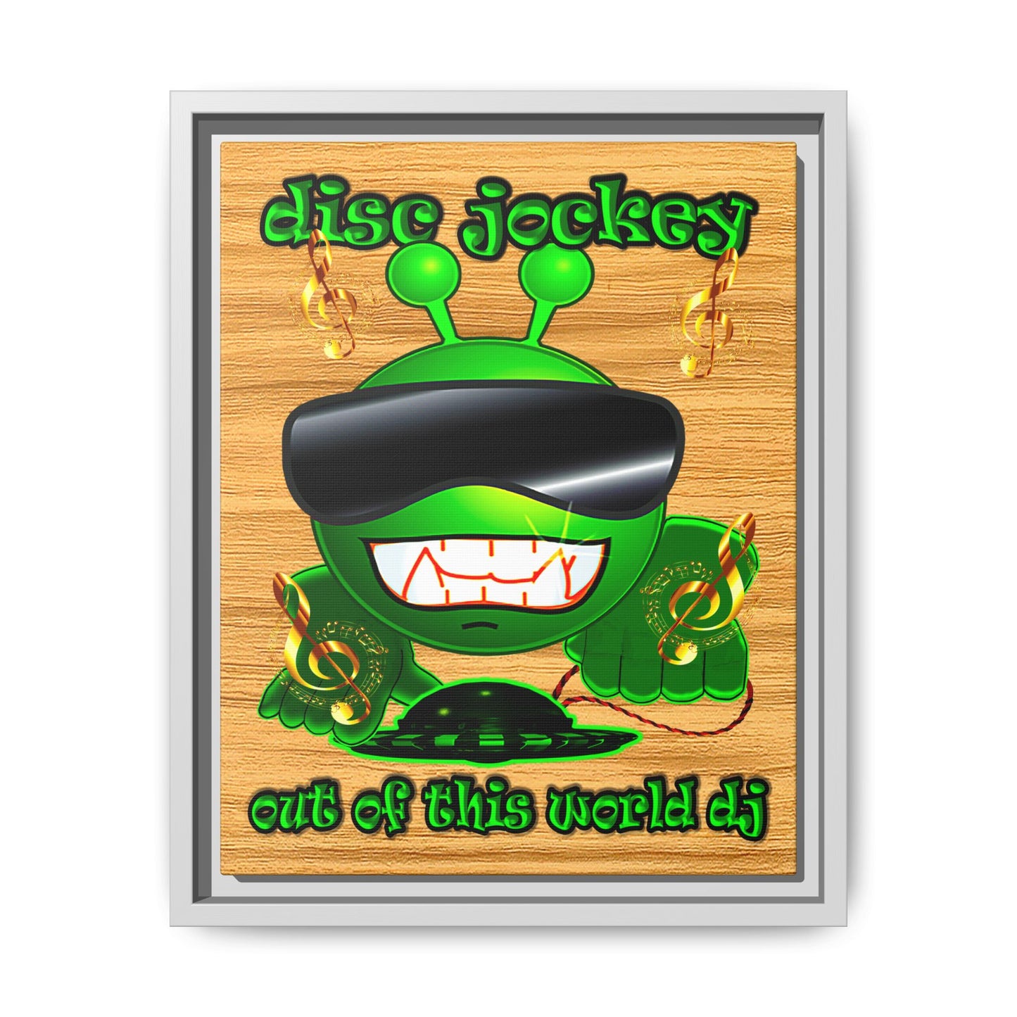 disc jockey - framed canvas art (butterscotch wood finish)