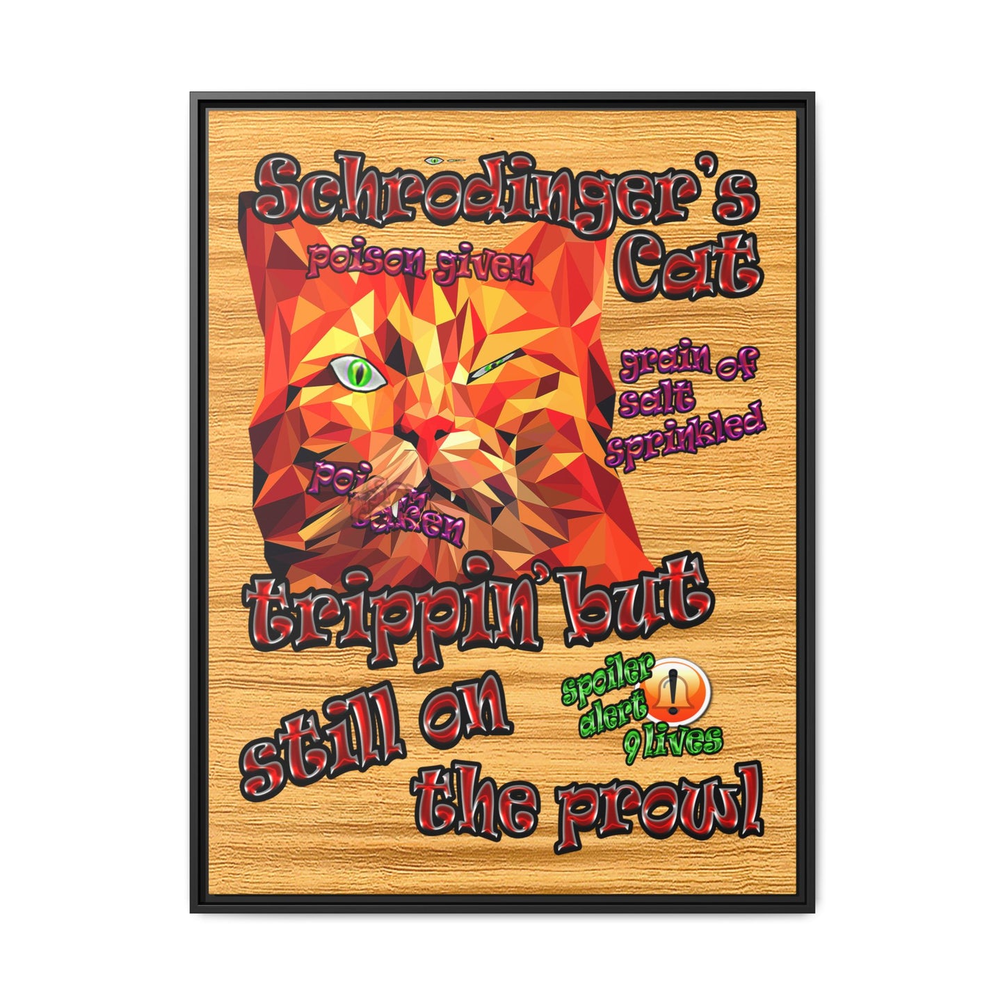 schrodinger's cat - framed canvas art (butterscotch wood finish)