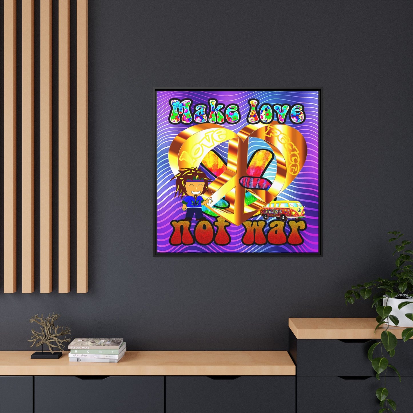 love peace - framed canvas art (purple wave)