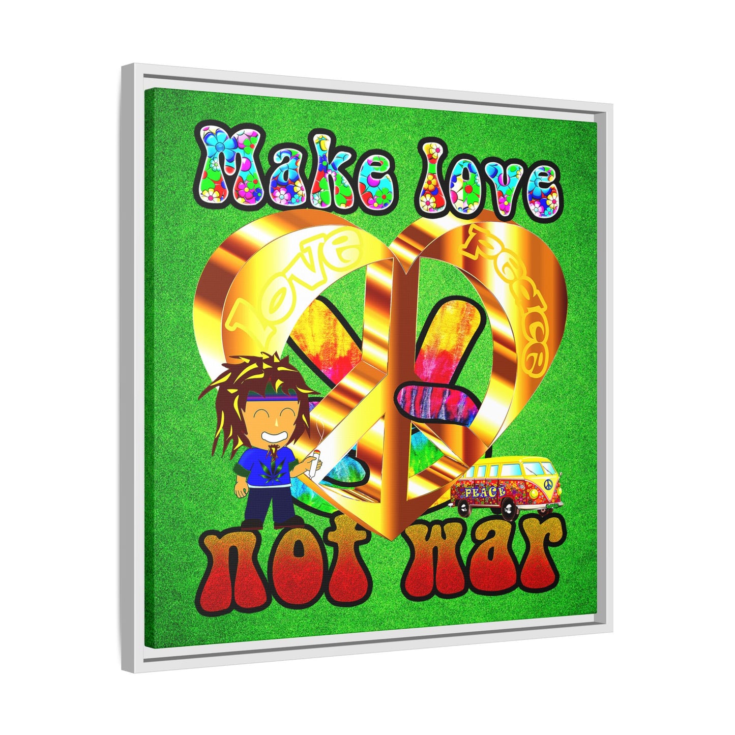 love peace - framed canvas art (green turf)