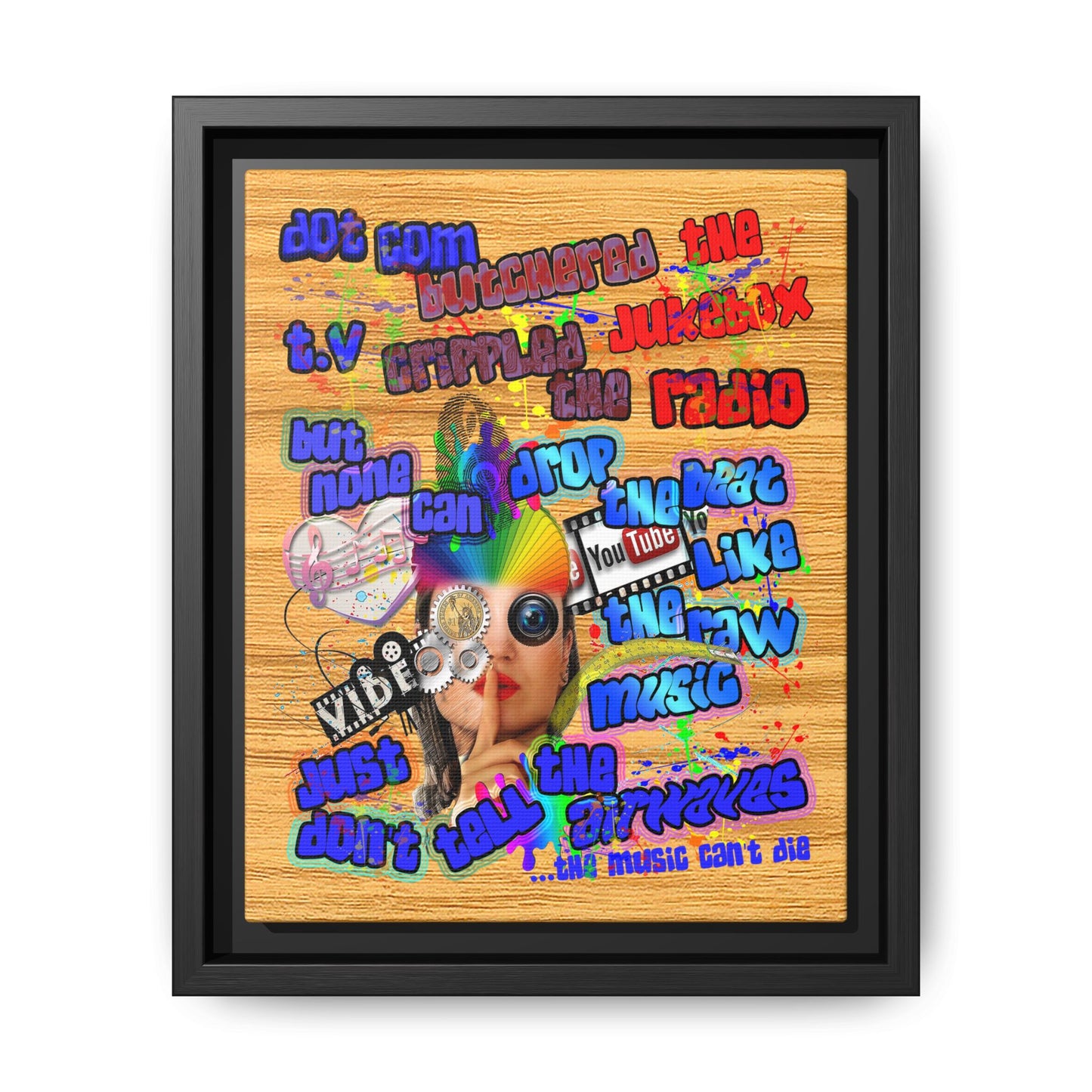 drop the beat - framed canvas art (butterscotch wood finish)