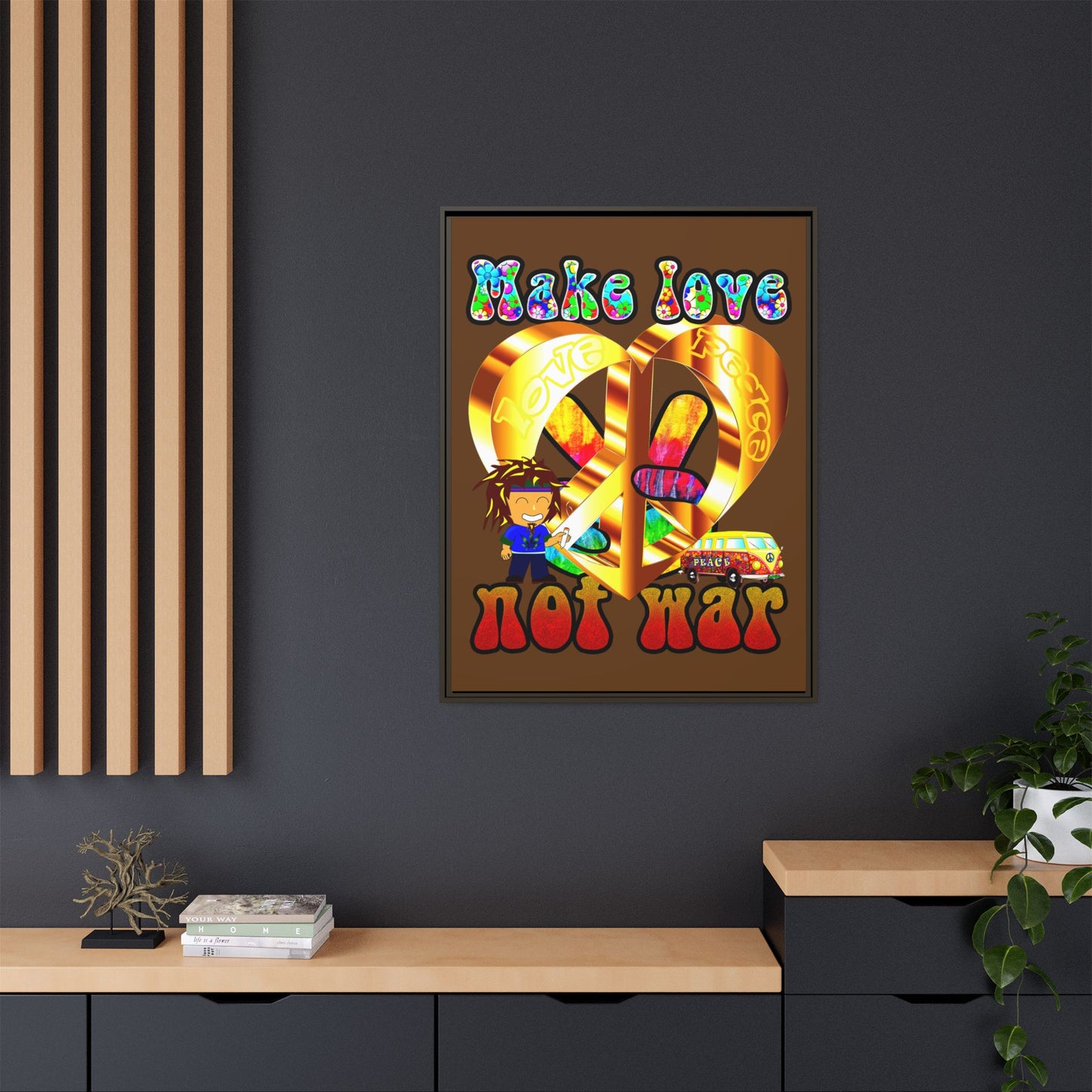 love peace - framed canvas art (brown)