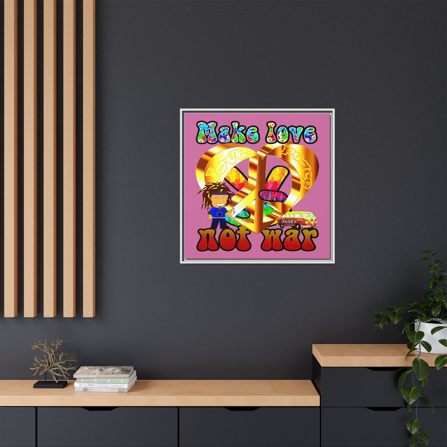 love peace - framed canvas art (light pink)