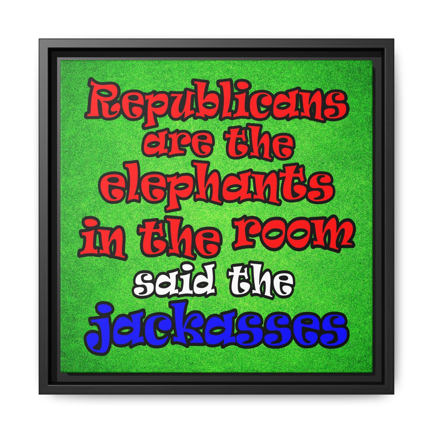 donkeys and elephants - framed canvas art (green turf)