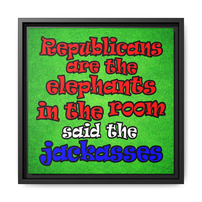 donkeys and elephants - framed canvas art (green turf)