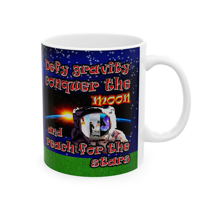 defy conquer reach - White Mug ('snoops' background)