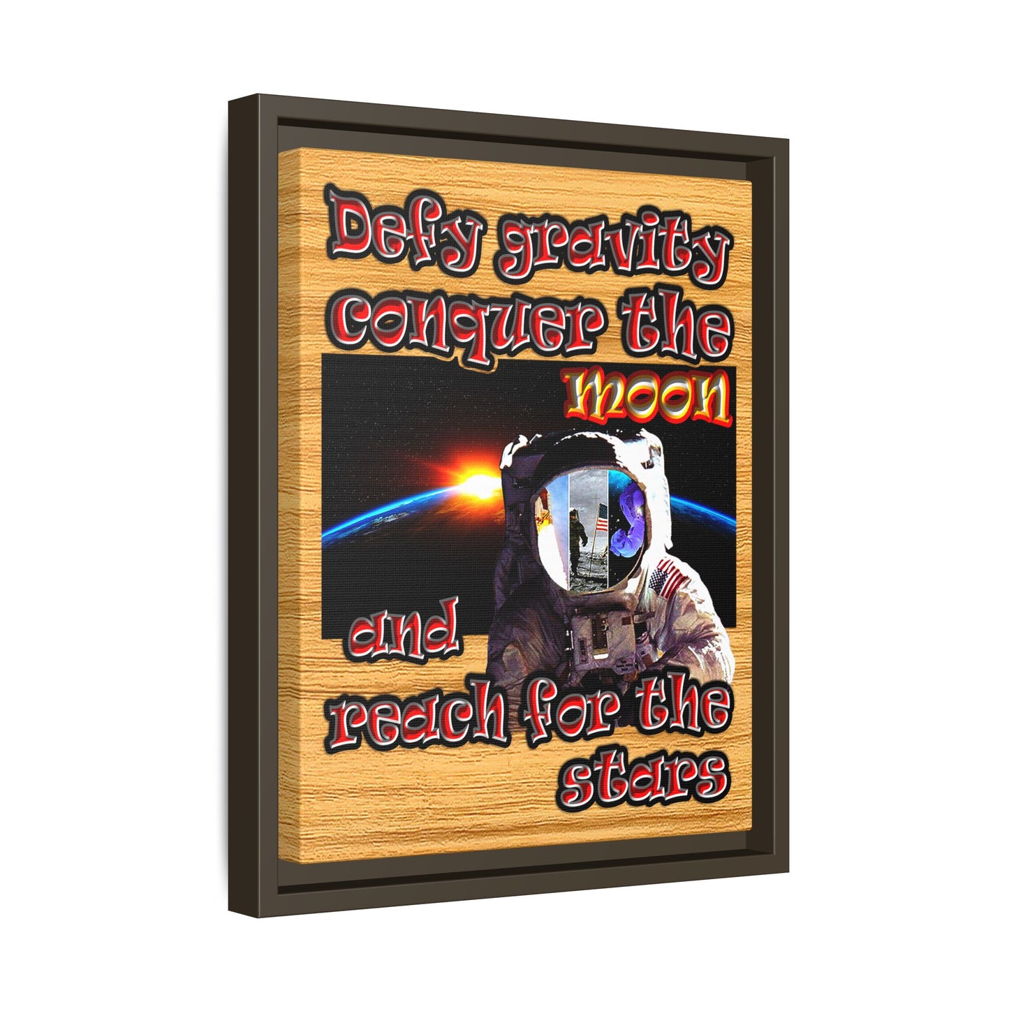 defy conquer reach - framed canvas art (butterscotch wood finish)