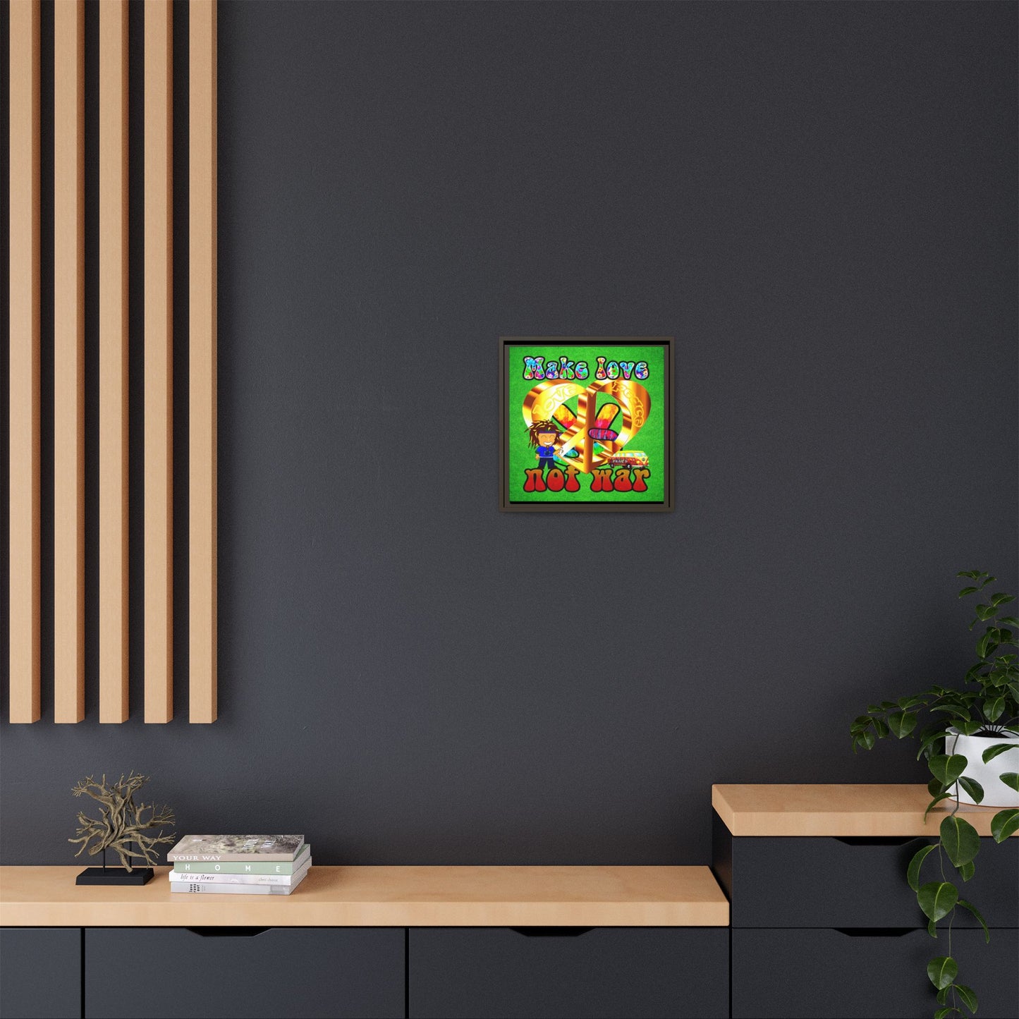 love peace - framed canvas art (green turf)