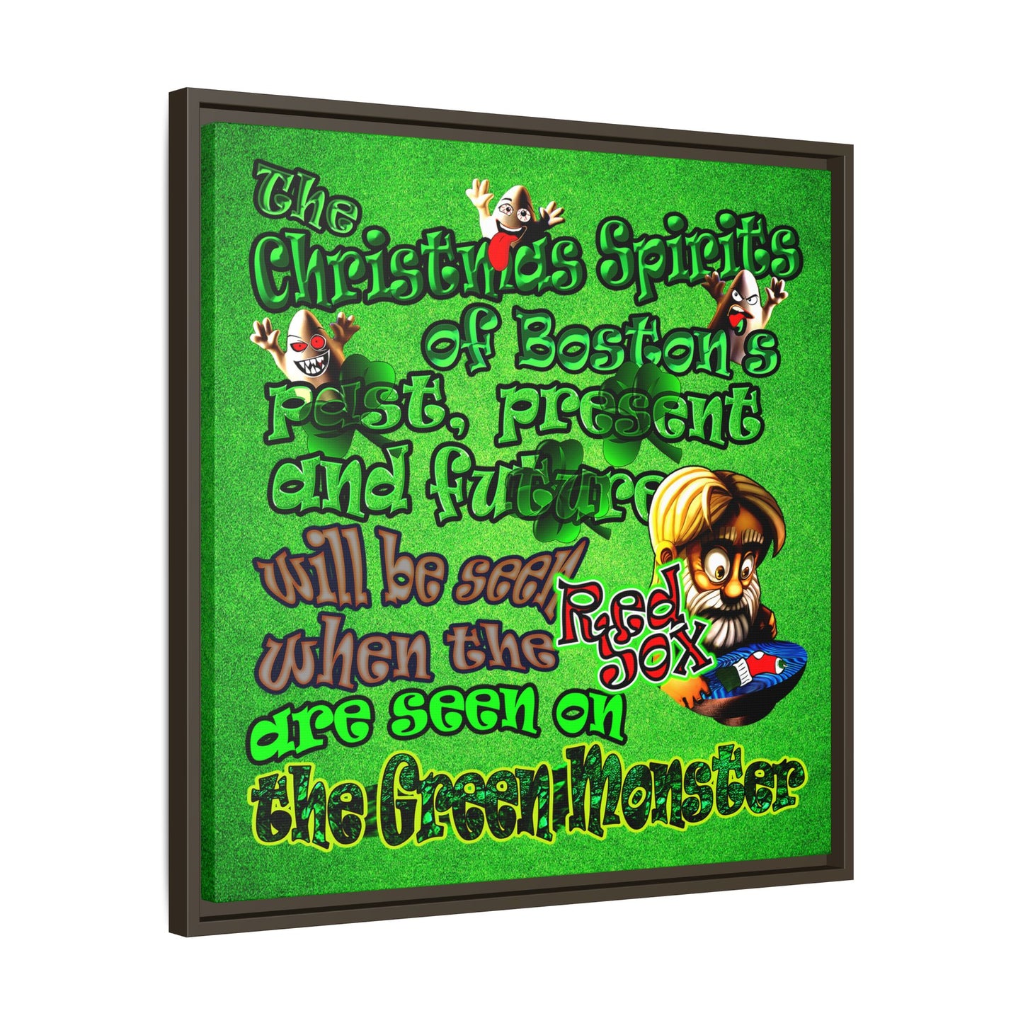 christmas spirits of boston - framed canvas art (green turf)