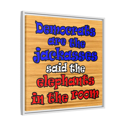 donkeys and elephants - framed canvas art (butterscotch wood finish)