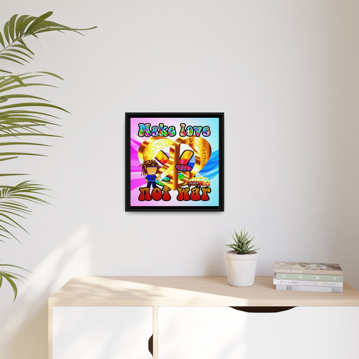 love peace - framed canvas art (light blue-pink wave)