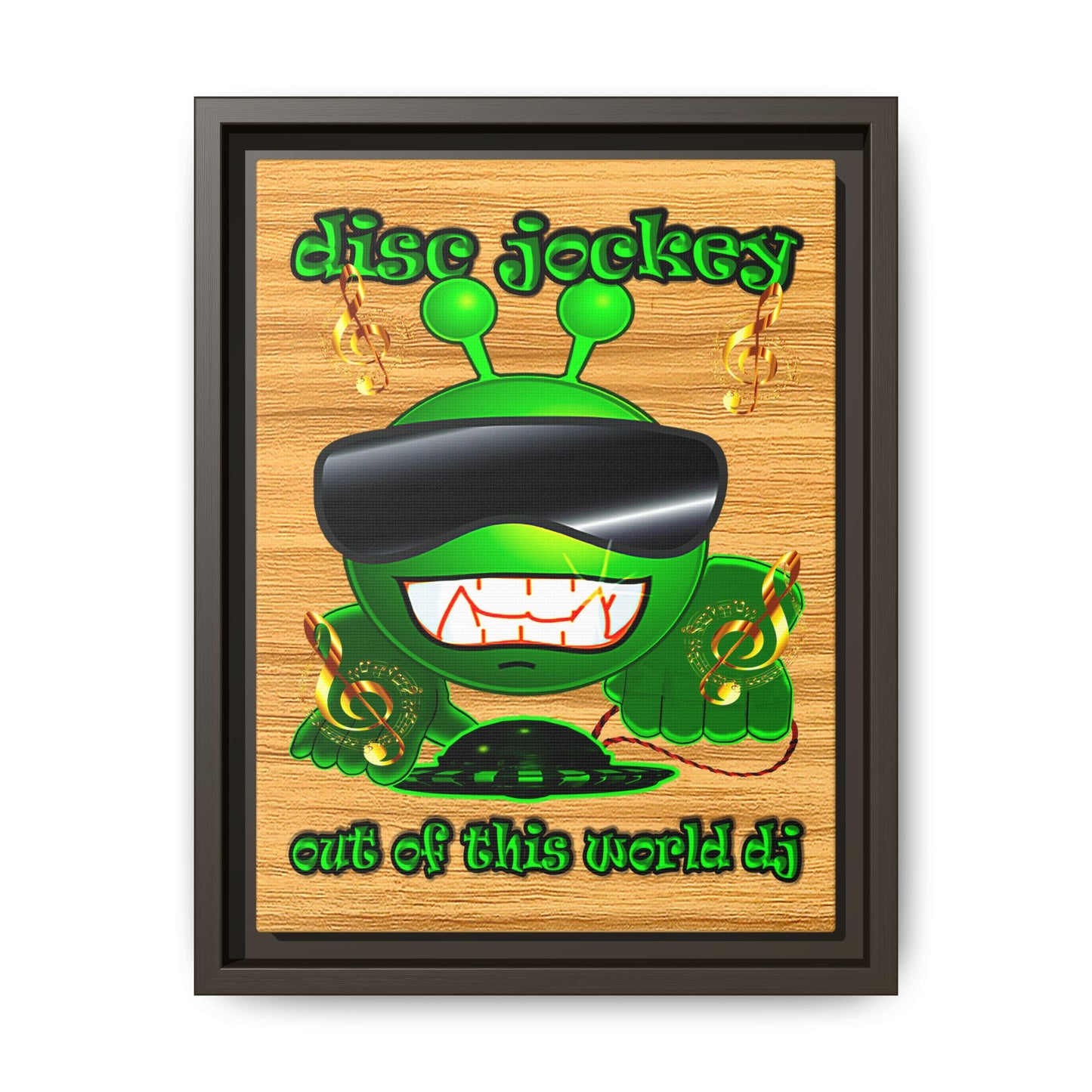 disc jockey - framed canvas art (butterscotch wood finish)