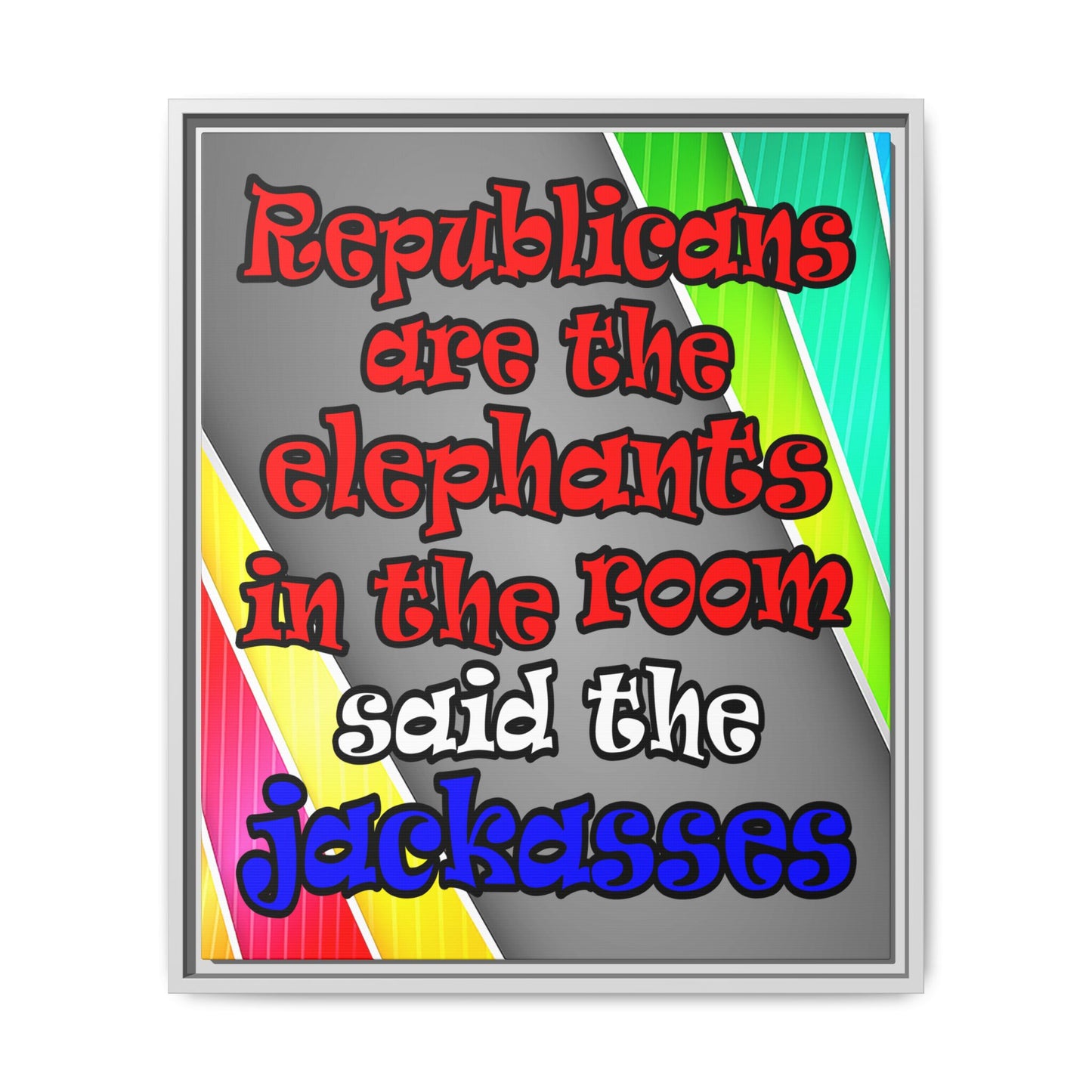 donkeys and elephants - framed canvas art (rainbow split)
