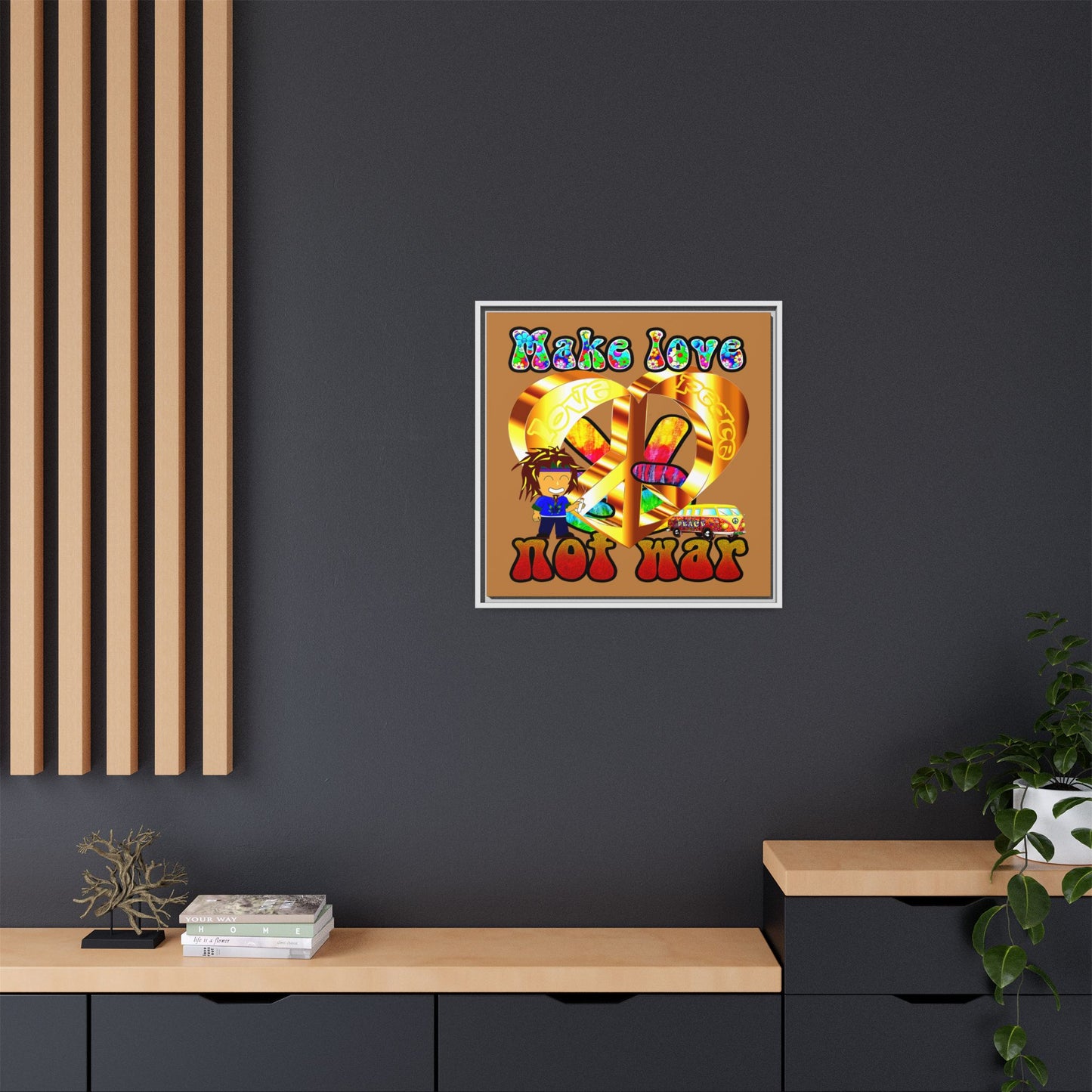 love peace - framed canvas art (light brown)