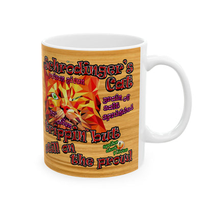 schrodinger's cat - White Mug (butterscotch wood finish)