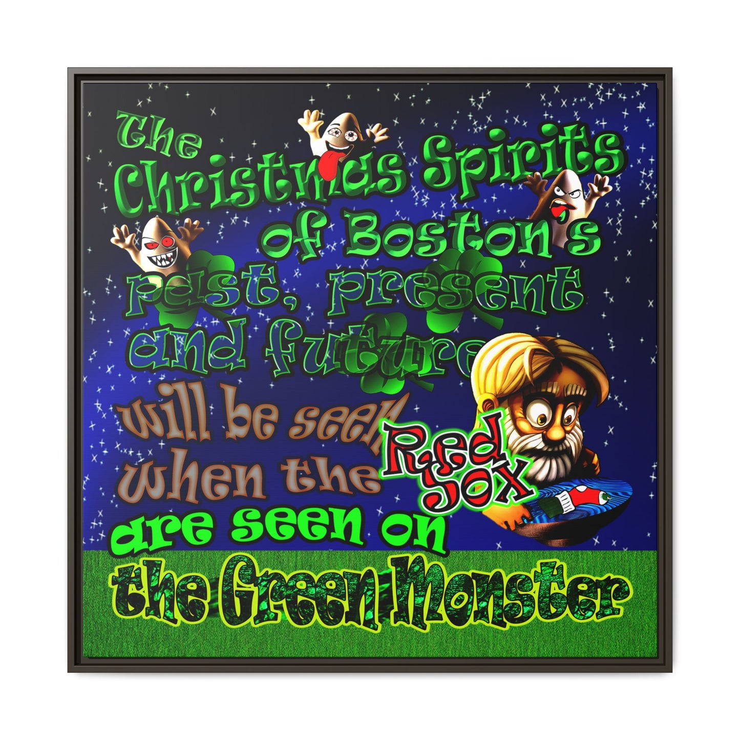 christmas spirits of boston - framed canvas art ('snoops' background)