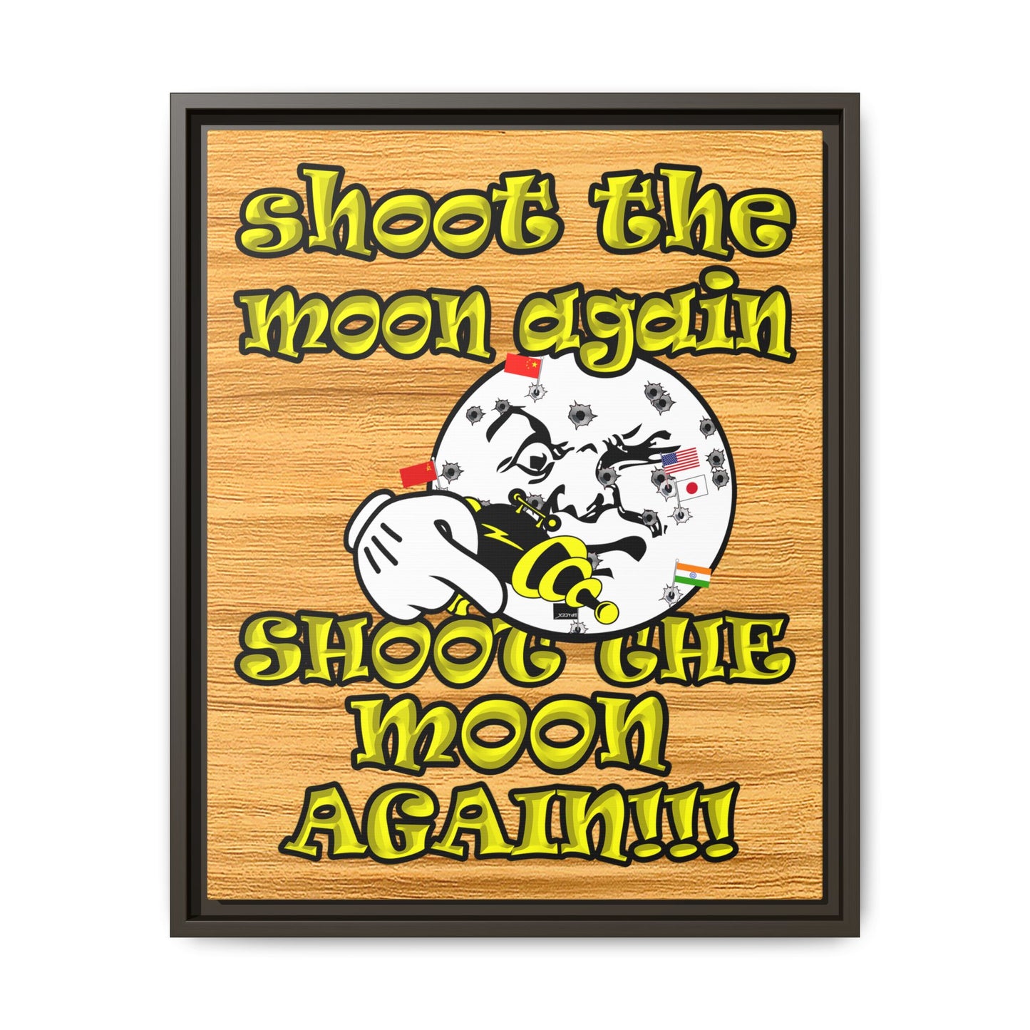 shoot the moon again - framed canvas art (butterscotch wood finish)