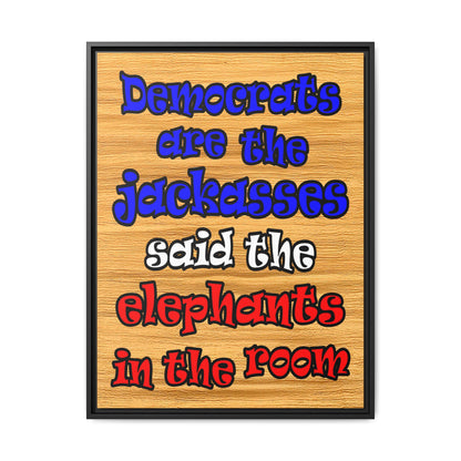 donkeys and elephants - framed canvas art (butterscotch wood finish)