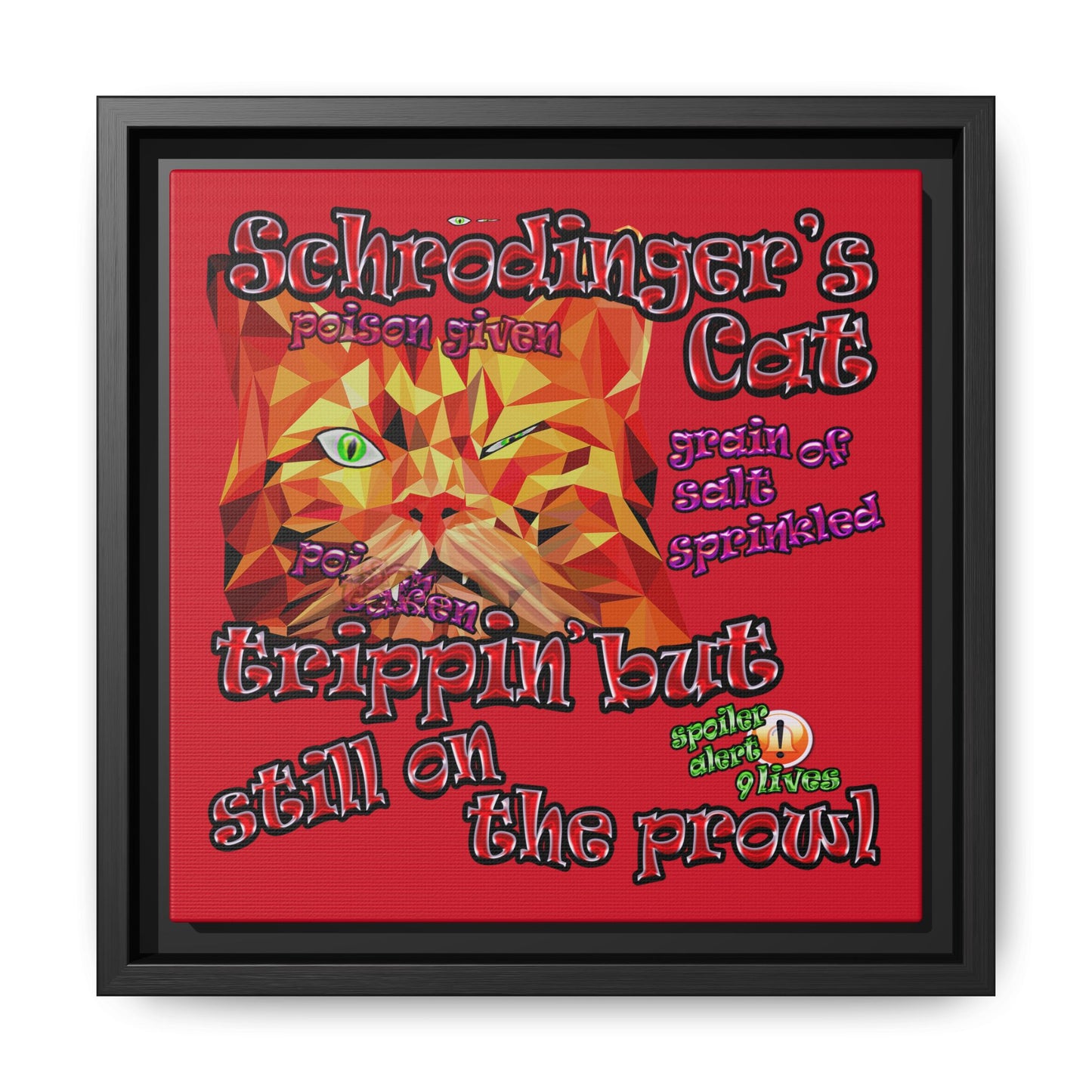schrodinger's cat - framed canvas art (dark red)