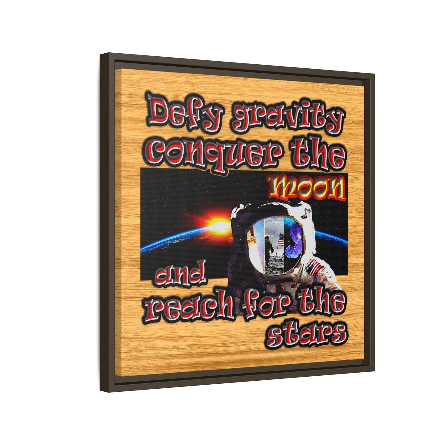 defy conquer reach - framed canvas art (butterscotch wood finish)