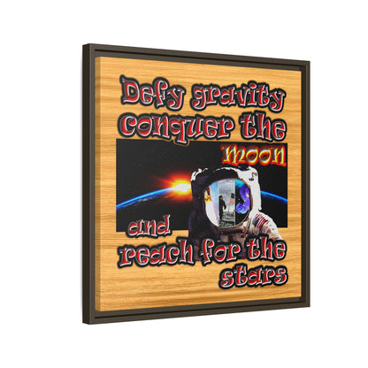 defy conquer reach - framed canvas art (butterscotch wood finish)