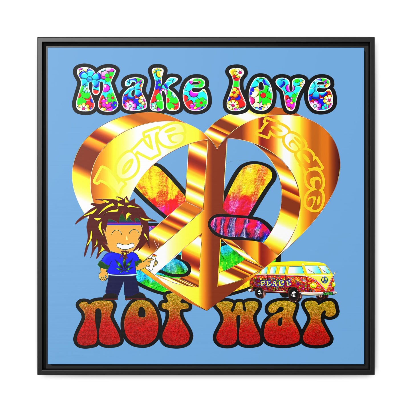 love peace - framed canvas art (light blue)