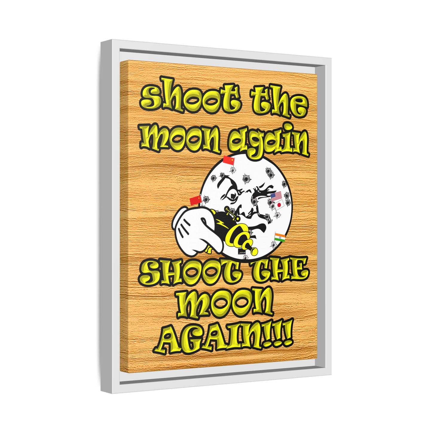 shoot the moon again - framed canvas art (butterscotch wood finish)