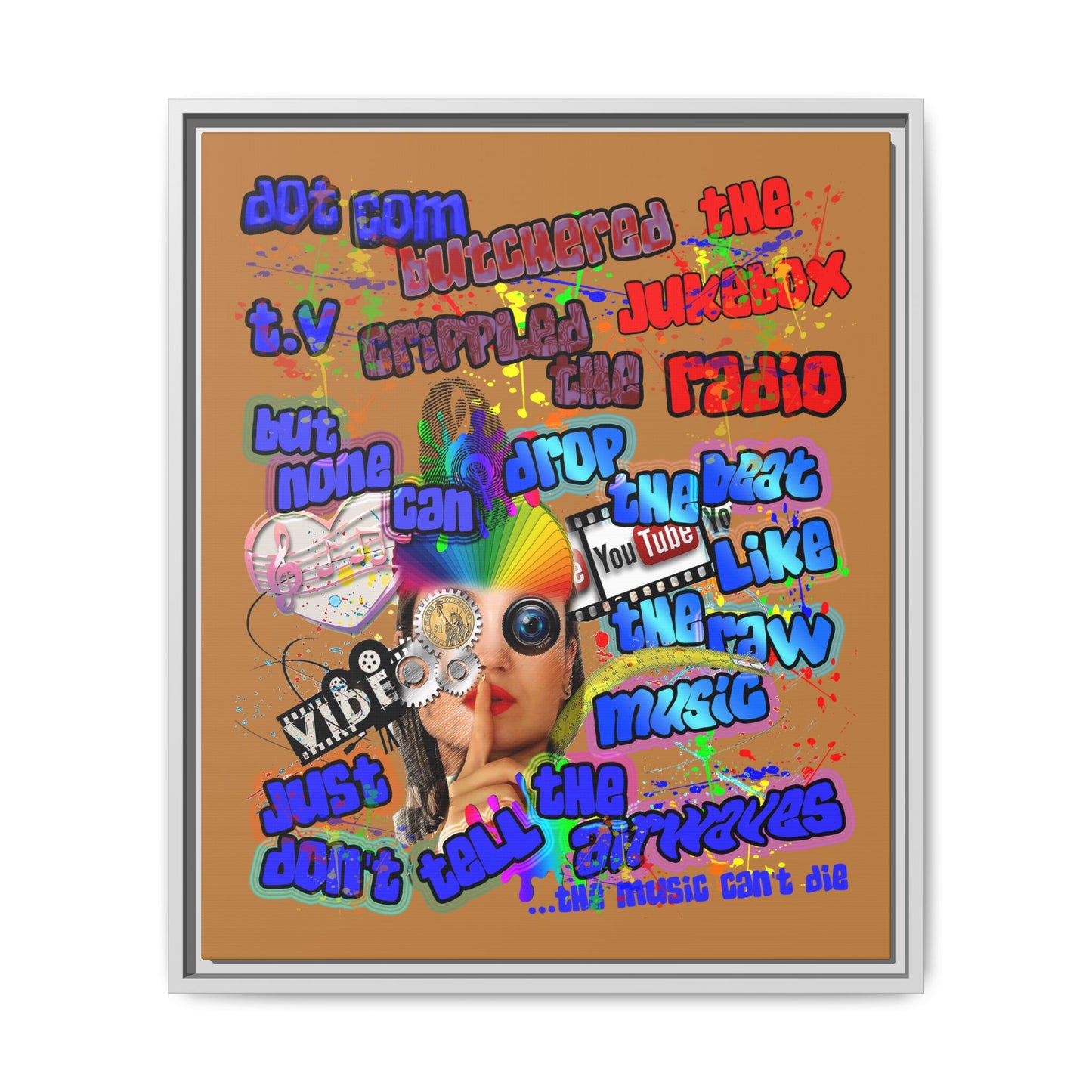 drop the beat - framed canvas art (light brown)
