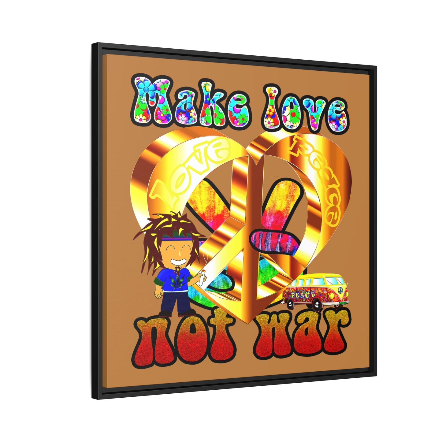 love peace - framed canvas art (light brown)