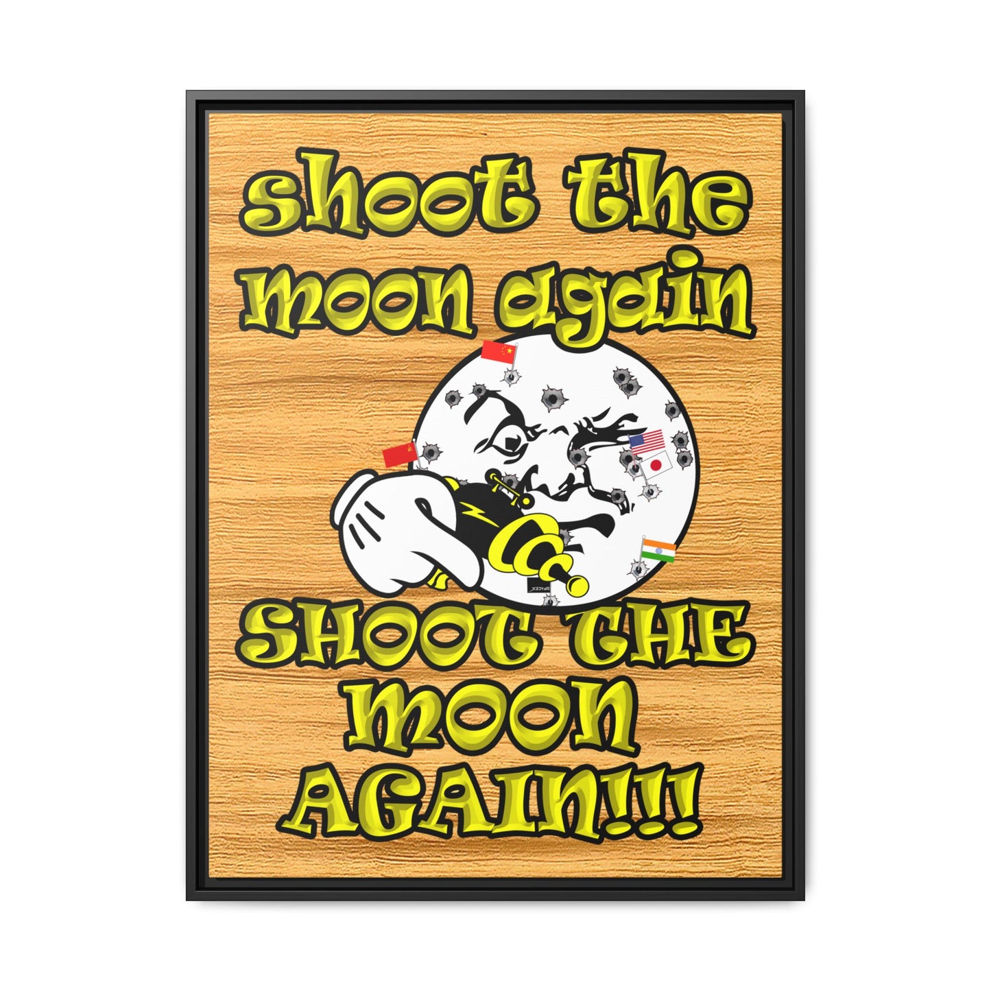 shoot the moon again - framed canvas art (butterscotch wood finish)