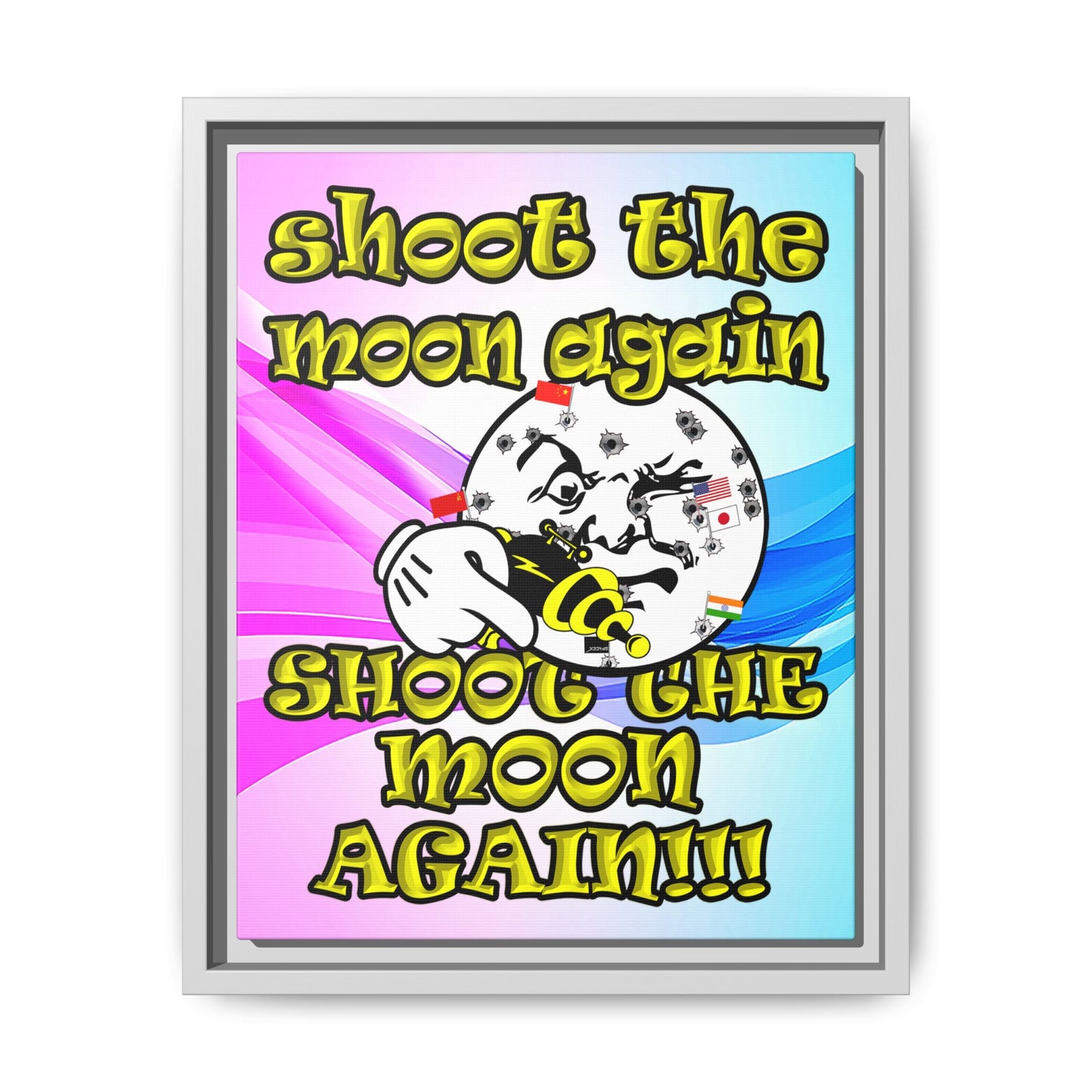 shoot the moon again - framed canvas art (light blue-pink wave)
