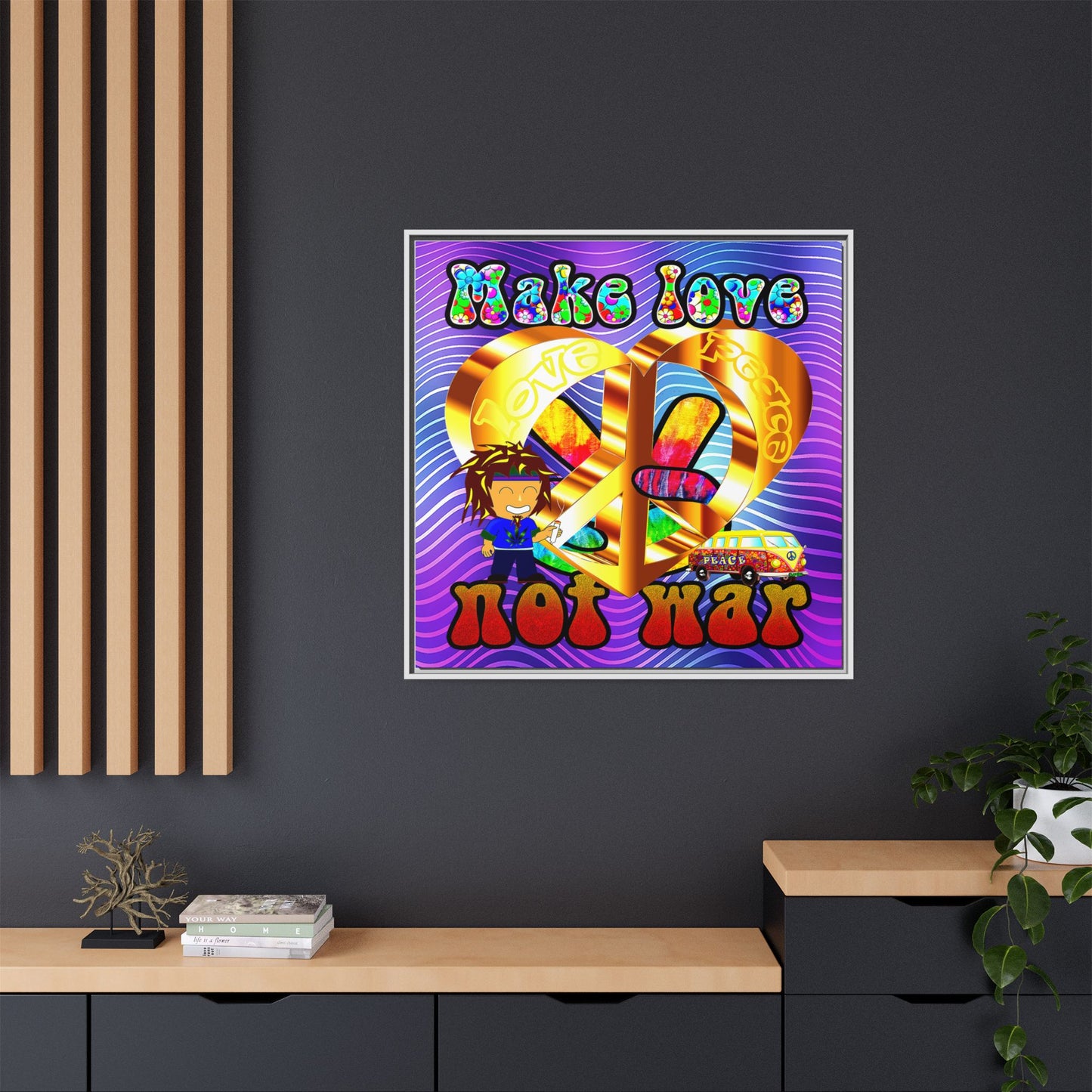 love peace - framed canvas art (purple wave)