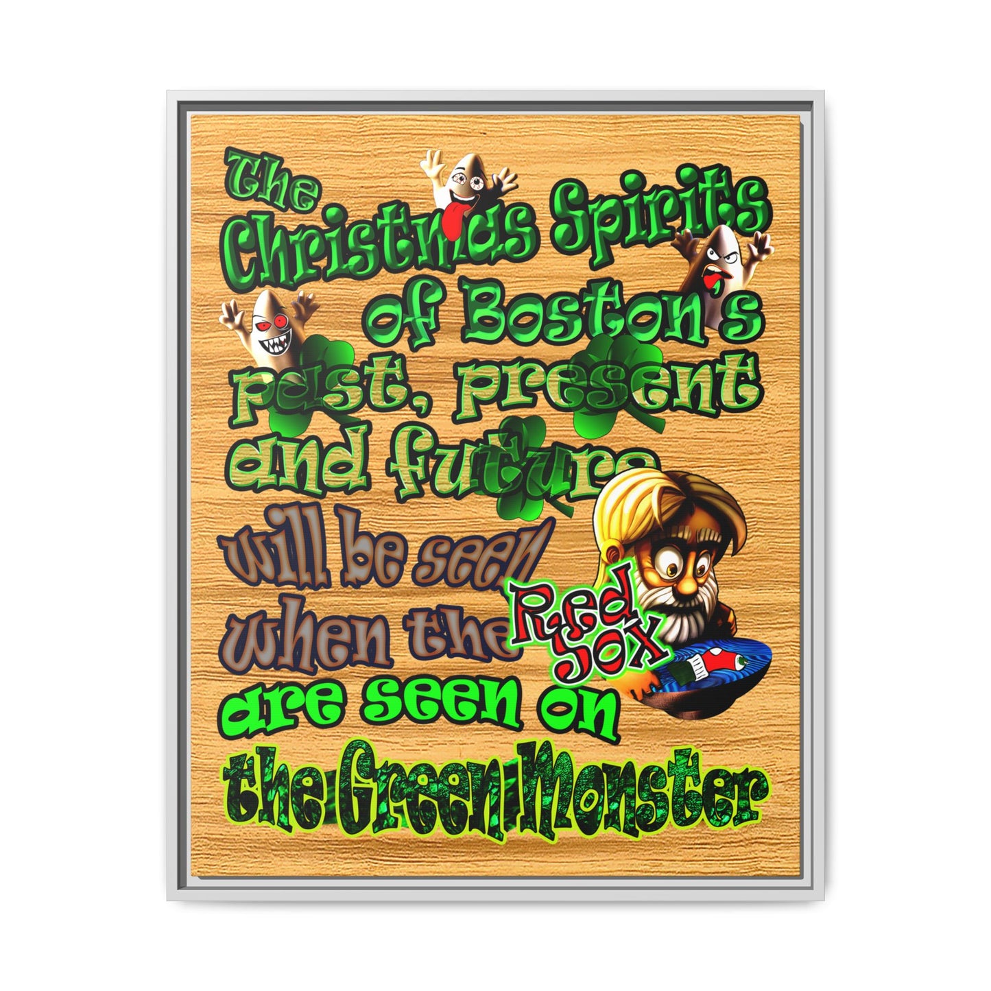 christmas spirits of boston - framed canvas art (butterscotch wood finish)